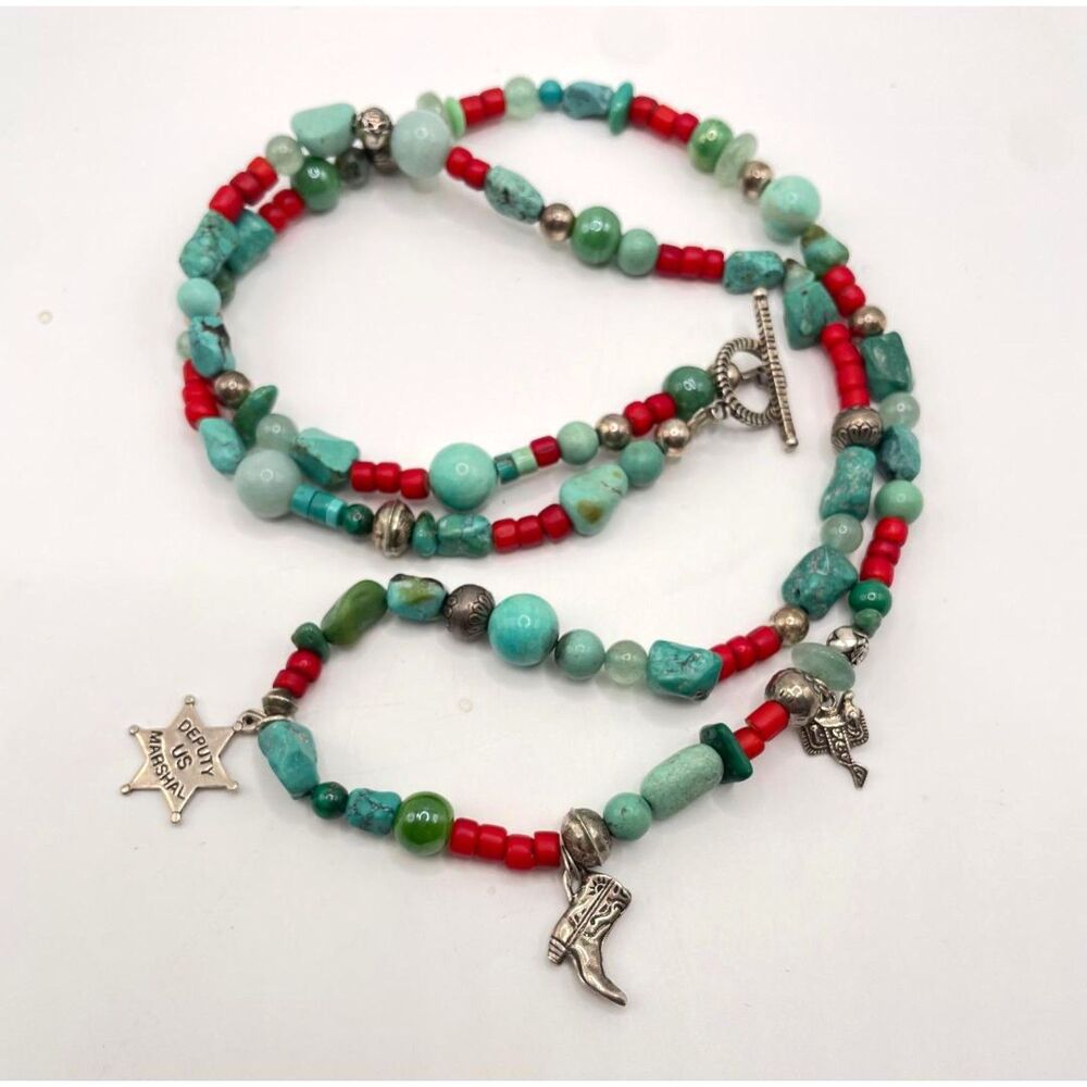 Vintage Sterling Silver, Gemstones, Glass & Silver Bead Necklace with Charms